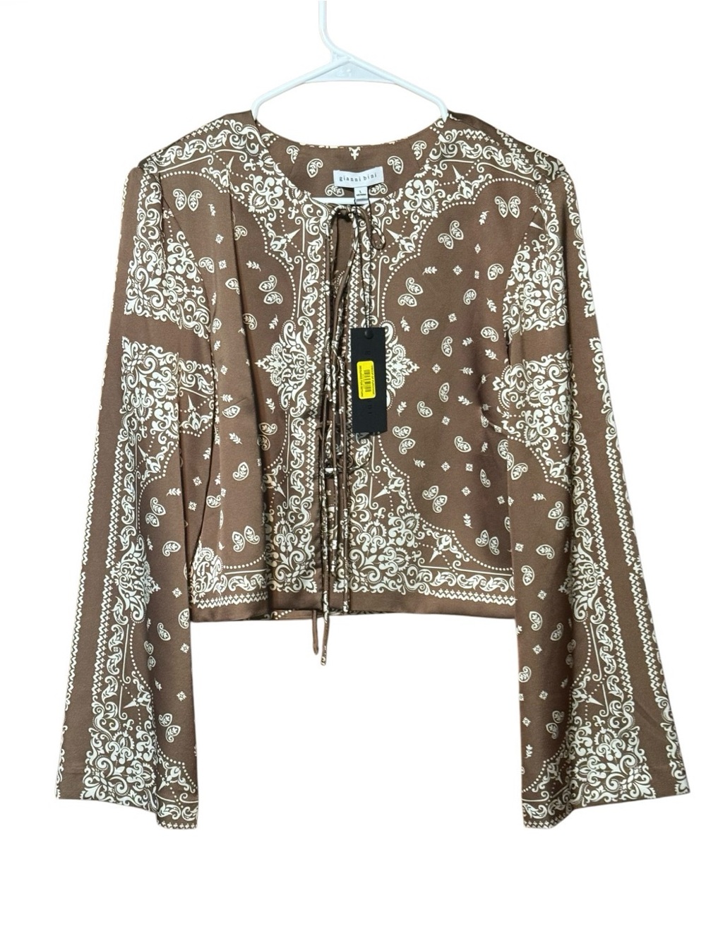 Gianni Bini Brown Paisley Tie Front Crop Top Large Boho Western - Picture 2 of 3